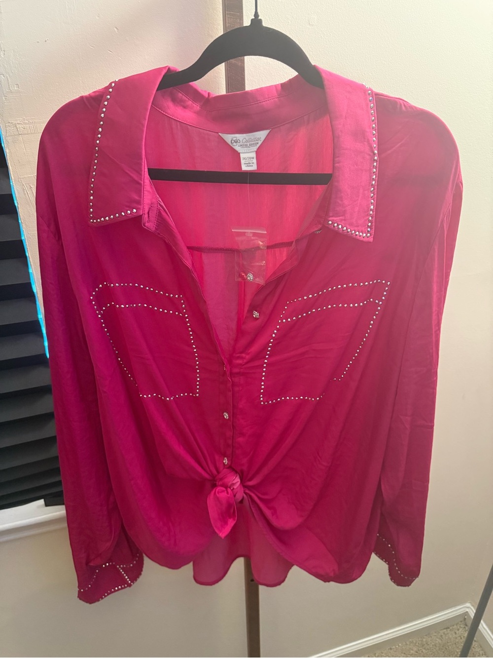 Cato Fuchsia Rhinestone-Trim Button Front Tie Blouse